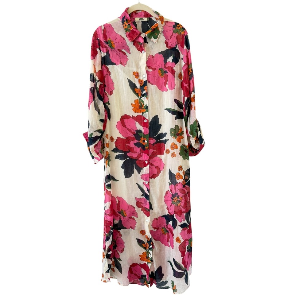 Dolma Floral Shirt Dress Womens S Pink Maxi Button Front Boho Lined Cotton